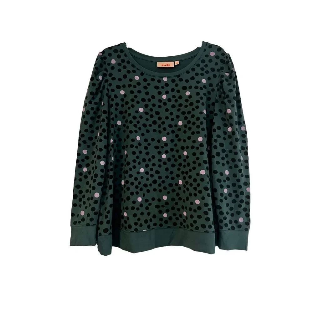 Evri Green Sweatshirt with Black Pink Polka Dots Size 1X